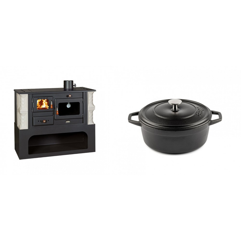 Set Küchenofen / Küchenhexe mit Backofen und Kochplatte Prity, Modell 1P34-K Alba Rechts, Keramikverkleidung, Leistung 10.1kW + Gusseisen Topf Tiefer Solagio, Black Onyx, Ф20 | Kaminofen - Holzofen mit Backfach | Kaminofen |