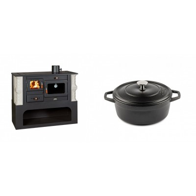 Set Küchenofen / Küchenhexe mit Backofen und Kochplatte Prity, Modell 1P34-K Alba Rechts, Keramikverkleidung, Leistung 10.1kW + Gusseisen Topf Tiefer Solagio, Black Onyx, Ф20 - Kaminofen - Holzofen mit Backfach