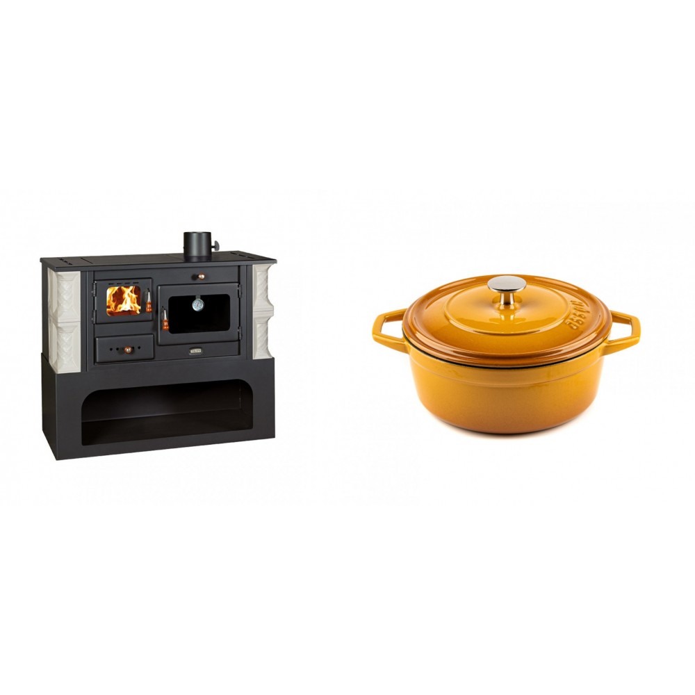 Set Küchenofen / Küchenhexe mit Backofen und Kochplatte Prity, Modell 1P34-K Alba Rechts, Keramikverkleidung, Leistung 10.1kW + Gusseisen Topf Tiefer Solagio, Dijon, Ф20 | Kaminofen - Holzofen mit Backfach | Kaminofen |