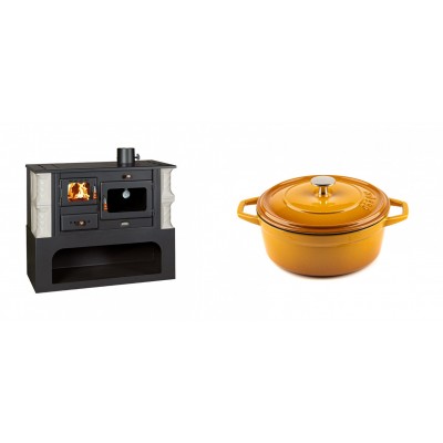 Set Küchenofen / Küchenhexe mit Backofen und Kochplatte Prity, Modell 1P34-K Alba Rechts, Keramikverkleidung, Leistung 10.1kW + Gusseisen Topf Tiefer Solagio, Dijon, Ф20 - Kaminofen - Holzofen mit Backfach