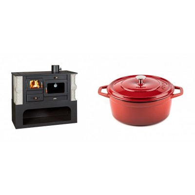 Set Küchenofen / Küchenhexe mit Backofen und Kochplatte Prity, Modell 1P34-K Alba Rechts, Keramikverkleidung, Leistung 10.1kW + Gusseisen Topf Tiefer Solagio, Rubin, Ф24 - Kaminofen - Holzofen mit Backfach