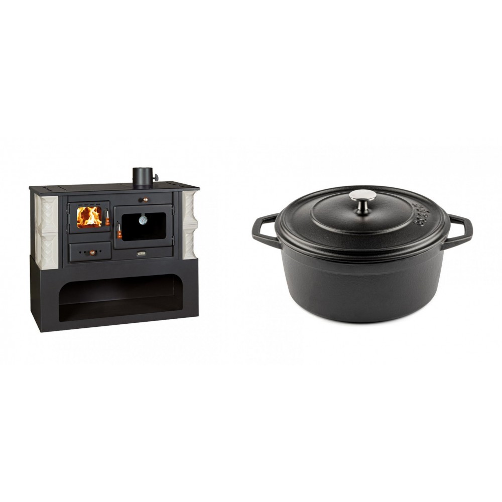 Set Küchenofen / Küchenhexe mit Backofen und Kochplatte Prity, Modell 1P34-K Alba Rechts, Keramikverkleidung, Leistung 10.1kW + Gusseisen Topf Tiefer Solagio, Black Onyx, Ф24 | Kaminofen - Holzofen mit Backfach | Kaminofen |