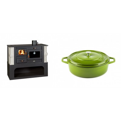 Set Küchenofen / Küchenhexe mit Backofen und Kochplatte Prity, Modell 1P34-K Alba Rechts, Keramikverkleidung, Leistung 10.1kW + Gusseisen Topf Flach Solagio, Bamboo, Ф26 - Kaminofen - Holzofen mit Backfach