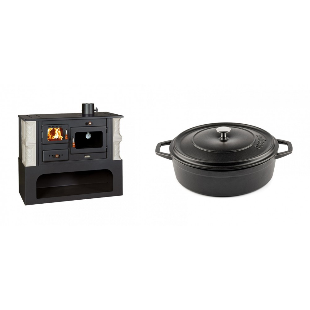 Set Küchenofen / Küchenhexe mit Backofen und Kochplatte Prity, Modell 1P34-K Alba Rechts, Keramikverkleidung, Leistung 10.1kW + Gusseisen Topf Flach Solagio, Black Onyx, Ф26