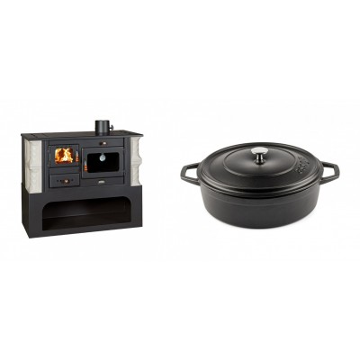 Set Küchenofen / Küchenhexe mit Backofen und Kochplatte Prity, Modell 1P34-K Alba Rechts, Keramikverkleidung, Leistung 10.1kW + Gusseisen Topf Flach Solagio, Black Onyx, Ф26 - Kaminofen - Holzofen mit Backfach