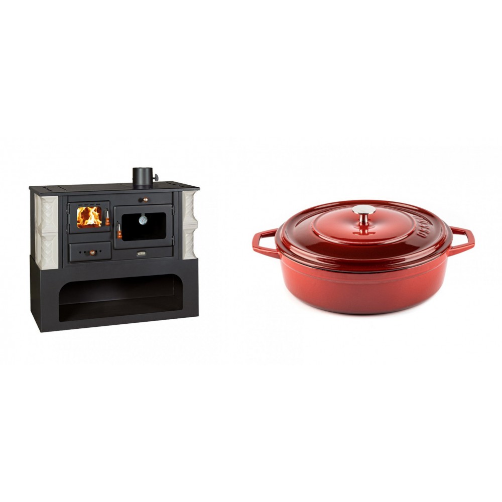 Set Küchenofen / Küchenhexe mit Backofen und Kochplatte Prity, Modell 1P34-K Alba Rechts, Keramikverkleidung, Leistung 10.1kW + Gusseisen Topf Flach Solagio, Rubin, Ф26