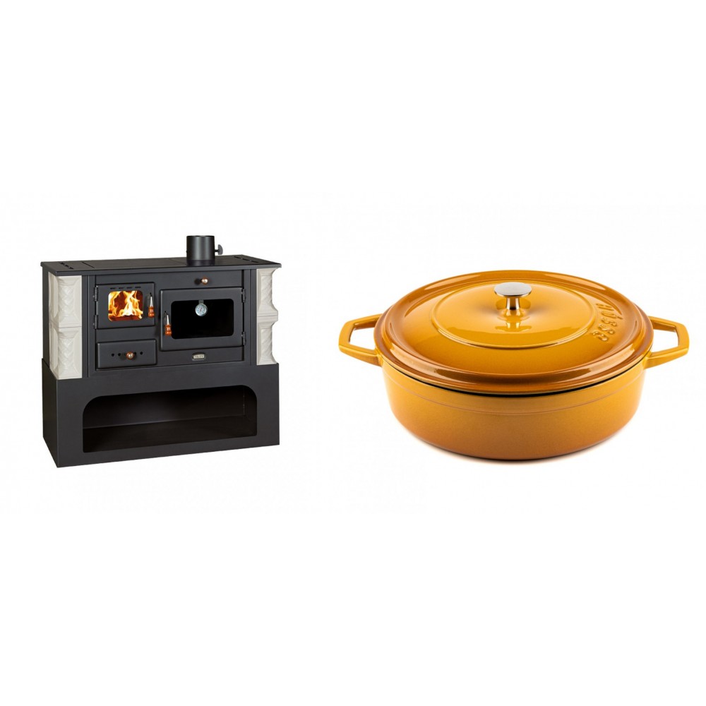 Set Küchenofen / Küchenhexe mit Backofen und Kochplatte Prity, Modell 1P34-K Alba Rechts, Keramikverkleidung, Leistung 10.1kW + Gusseisen Topf Flach Solagio, Dijon, Ф28 | Kaminofen - Holzofen mit Backfach | Kaminofen |