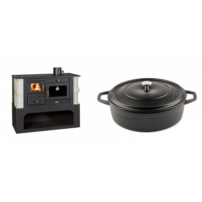 Set Küchenofen / Küchenhexe mit Backofen und Kochplatte Prity, Modell 1P34-K Alba Rechts, Keramikverkleidung, Leistung 10.1kW + Gusseisen Topf Flach Solagio, Black Onyx, Ф28 - Kaminofen - Holzofen mit Backfach