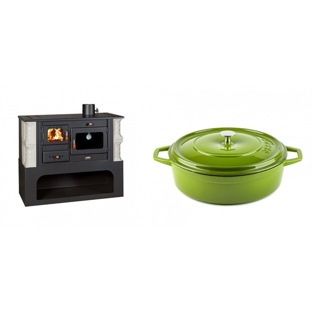 Set Küchenofen / Küchenhexe mit Backofen und Kochplatte Prity, Modell 1P34-K Alba Rechts, Keramikverkleidung, Leistung 10.1kW + Gusseisen Topf Flach Solagio, Bamboo, Ф28