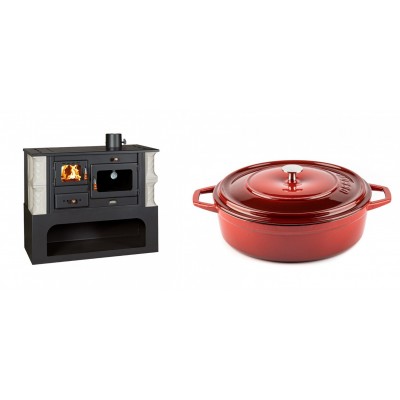 Set Küchenofen / Küchenhexe mit Backofen und Kochplatte Prity, Modell 1P34-K Alba Rechts, Keramikverkleidung, Leistung 10.1kW + Gusseisen Topf Flach Solagio, Rubin, Ф28 - Kaminofen - Holzofen mit Backfach