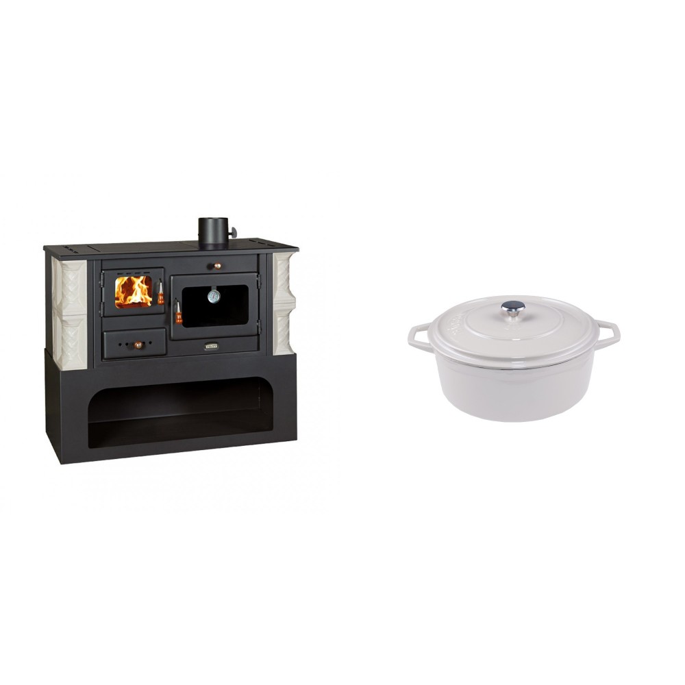 Set Küchenofen / Küchenhexe mit Backofen und Kochplatte Prity, Modell 1P34-K Alba Rechts, Keramikverkleidung, Leistung 10.1kW + Gusseisen Topf Tiefer Solagio, Ivory, Ф12