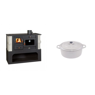 Set Küchenofen / Küchenhexe mit Backofen und Kochplatte Prity, Modell 1P34-K Alba Rechts, Keramikverkleidung, Leistung 10.1kW + Gusseisen Topf Tiefer Solagio, Ivory, Ф12 - Kaminofen - Holzofen mit Backfach