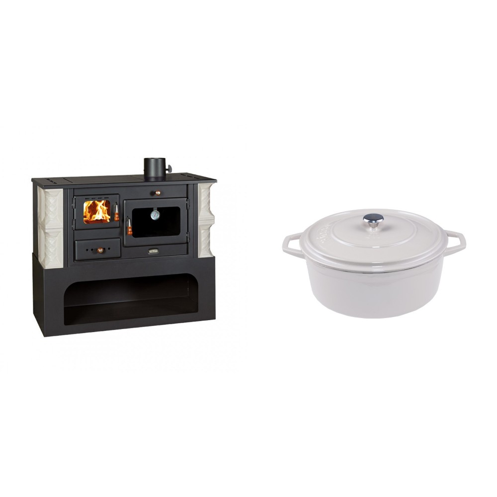 Set Küchenofen / Küchenhexe mit Backofen und Kochplatte Prity, Modell 1P34-K Alba Rechts, Keramikverkleidung, Leistung 10.1kW + Gusseisen Topf Tiefer Solagio, Ivory, Ф20