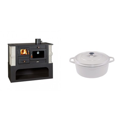 Set Küchenofen / Küchenhexe mit Backofen und Kochplatte Prity, Modell 1P34-K Alba Rechts, Keramikverkleidung, Leistung 10.1kW + Gusseisen Topf Tiefer Solagio, Ivory, Ф20 - Kaminofen - Holzofen mit Backfach