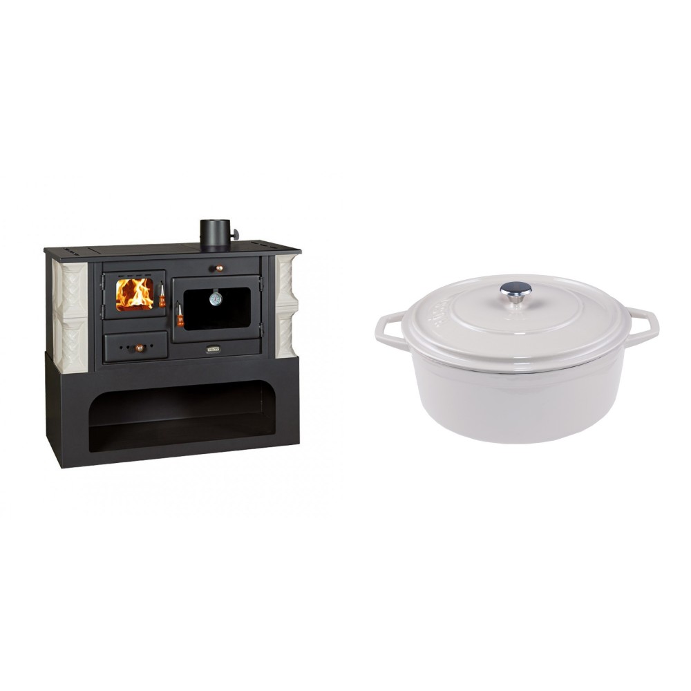 Set Küchenofen / Küchenhexe mit Backofen und Kochplatte Prity, Modell 1P34-K Alba Rechts, Keramikverkleidung, Leistung 10.1kW + Gusseisen Topf Tiefer Solagio, Ivory, Ф24