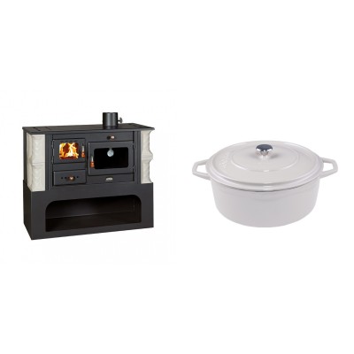 Set Küchenofen / Küchenhexe mit Backofen und Kochplatte Prity, Modell 1P34-K Alba Rechts, Keramikverkleidung, Leistung 10.1kW + Gusseisen Topf Tiefer Solagio, Ivory, Ф24 - Kaminofen - Holzofen mit Backfach