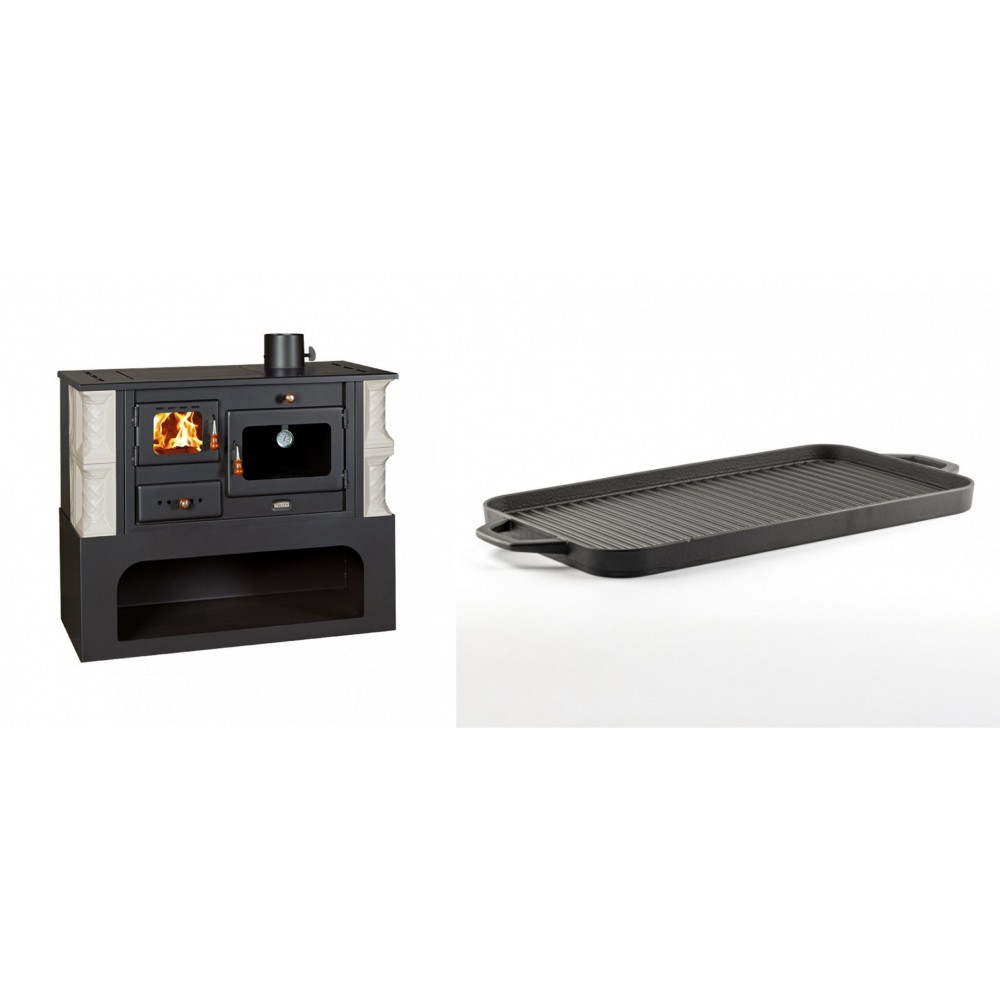 Set Küchenofen / Küchenhexe mit Backofen und Kochplatte Prity, Modell 1P34-K Alba Rechts, Keramikverkleidung, Leistung 10.1kW + Große Grillplatte aus Gusseisen Solagio, 25x44cm | Kaminofen - Holzofen mit Backfach | Kaminofen |