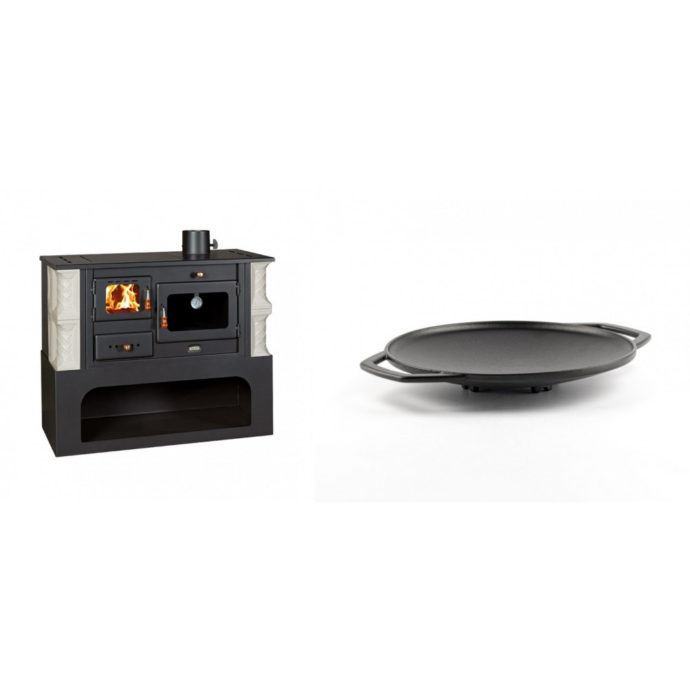 Set Küchenofen / Küchenhexe mit Backofen und Kochplatte Prity, Modell 1P34-K Alba Rechts, Keramikverkleidung, Leistung 10.1kW + Backplatte aus Gusseisen Solagio, Ф28cm | Kaminofen - Holzofen mit Backfach | Kaminofen |