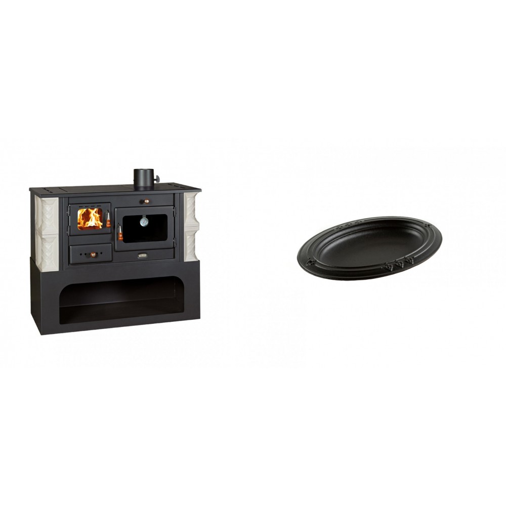 Set Küchenofen / Küchenhexe mit Backofen und Kochplatte Prity, Modell 1P34-K Alba Rechts, Keramikverkleidung, Leistung 10.1kW + Gusseiserne auflaufform Solagio oval, 17x28cm | Kaminofen - Holzofen mit Backfach | Kaminofen |