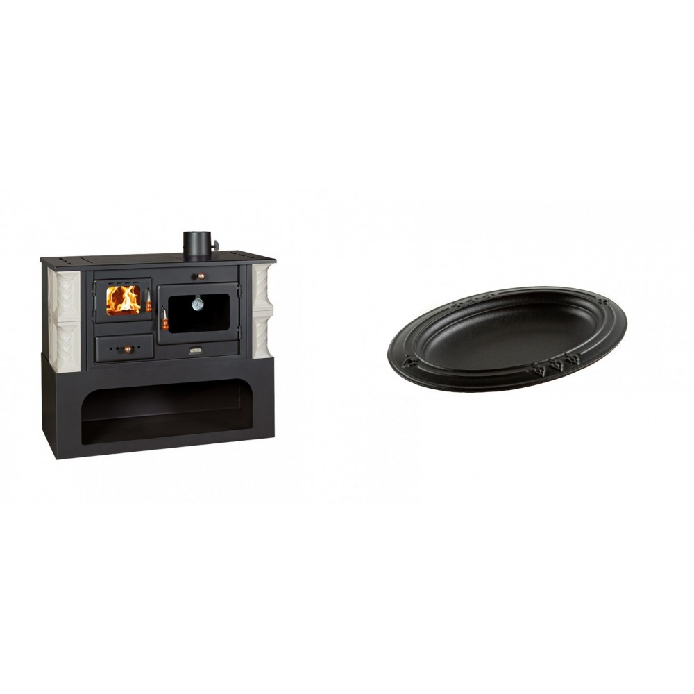 Set Küchenofen / Küchenhexe mit Backofen und Kochplatte Prity, Modell 1P34-K Alba Rechts, Keramikverkleidung, Leistung 10.1kW + Gusseiserne auflaufform Solagio oval, 25x33cm | Kaminofen - Holzofen mit Backfach | Kaminofen |