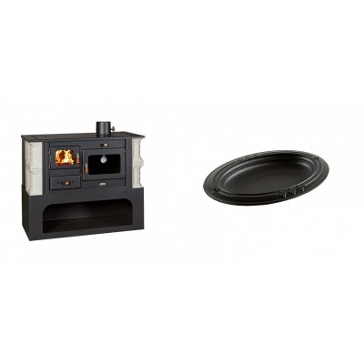 Set Küchenofen / Küchenhexe mit Backofen und Kochplatte Prity, Modell 1P34-K Alba Rechts, Keramikverkleidung, Leistung 10.1kW + Gusseiserne auflaufform Solagio oval, 25x33cm - Kaminofen - Holzofen mit Backfach