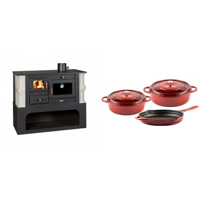 Set Küchenofen / Küchenhexe mit Backofen und Kochplatte Prity, Modell 1P34-K Alba Rechts, Keramikverkleidung, Leistung 10.1kW + Gusseisen Topf Set aus 3 teilen Solagio, Rubin - Kaminofen - Holzofen mit Backfach