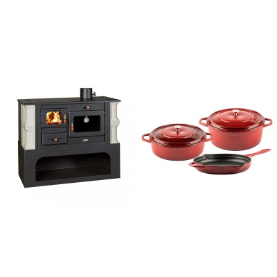 Set Küchenofen / Küchenhexe mit Backofen und Kochplatte Prity, Modell 1P34-K Alba Rechts, Keramikverkleidung, Leistung 10.1kW + Gusseisen Topf Set aus 3 teilen Solagio, Rubin - Kaminofen - Holzofen mit Backfach