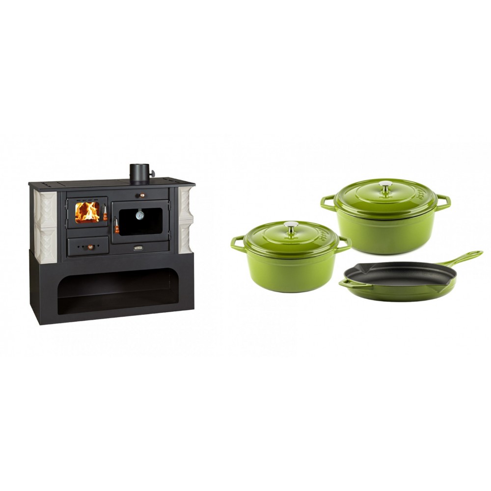 Set Küchenofen / Küchenhexe mit Backofen und Kochplatte Prity, Modell 1P34-K Alba Rechts, Keramikverkleidung, Leistung 10.1kW + Gusseisen Topf Set aus 3 teilen Solagio, Bamboo | Kaminofen - Holzofen mit Backfach | Kaminofen |