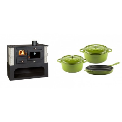 Set Küchenofen / Küchenhexe mit Backofen und Kochplatte Prity, Modell 1P34-K Alba Rechts, Keramikverkleidung, Leistung 10.1kW + Gusseisen Topf Set aus 3 teilen Solagio, Bamboo - Kaminofen - Holzofen mit Backfach