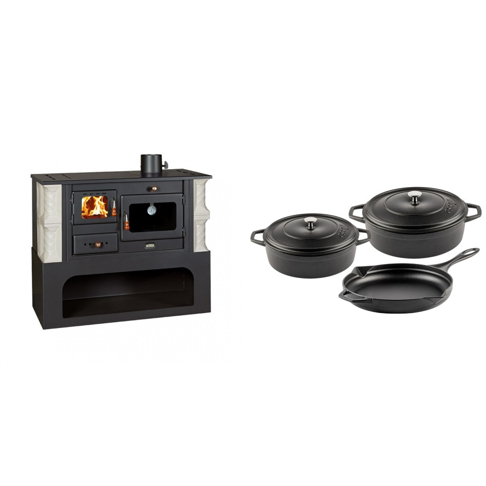 Set Küchenofen / Küchenhexe mit Backofen und Kochplatte Prity, Modell 1P34-K Alba Rechts, Keramikverkleidung, Leistung 10.1kW + Gusseisen Topf Set aus 3 teilen Solagio, Black Onyx
