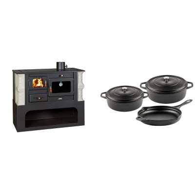 Set Küchenofen / Küchenhexe mit Backofen und Kochplatte Prity, Modell 1P34-K Alba Rechts, Keramikverkleidung, Leistung 10.1kW + Gusseisen Topf Set aus 3 teilen Solagio, Black Onyx - Kaminofen - Holzofen mit Backfach