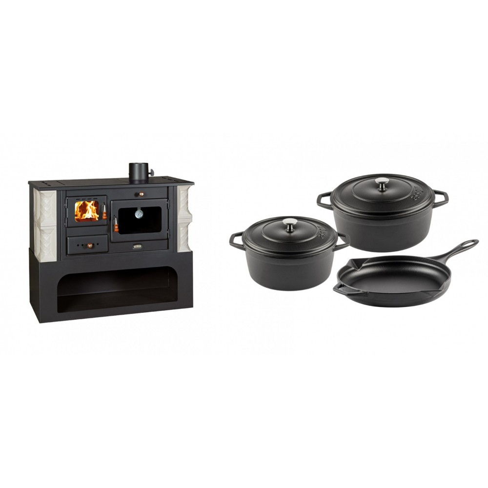 Set Küchenofen / Küchenhexe mit Backofen und Kochplatte Prity, Modell 1P34-K Alba Rechts, Keramikverkleidung, Leistung 10.1kW + Gusseisen Topf Set aus 3 teilen Solagio, Black Onyx