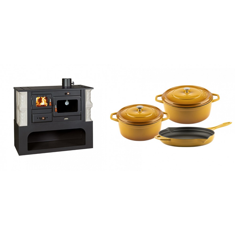 Set Küchenofen / Küchenhexe mit Backofen und Kochplatte Prity, Modell 1P34-K Alba Rechts, Keramikverkleidung, Leistung 10.1kW + Gusseisen Topf Set aus 3 teilen Solagio, Dijon