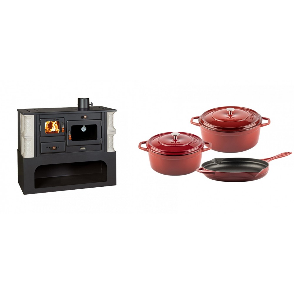 Set Küchenofen / Küchenhexe mit Backofen und Kochplatte Prity, Modell 1P34-K Alba Rechts, Keramikverkleidung, Leistung 10.1kW + Gusseisen Topf Set aus 3 teilen Solagio, Rubin