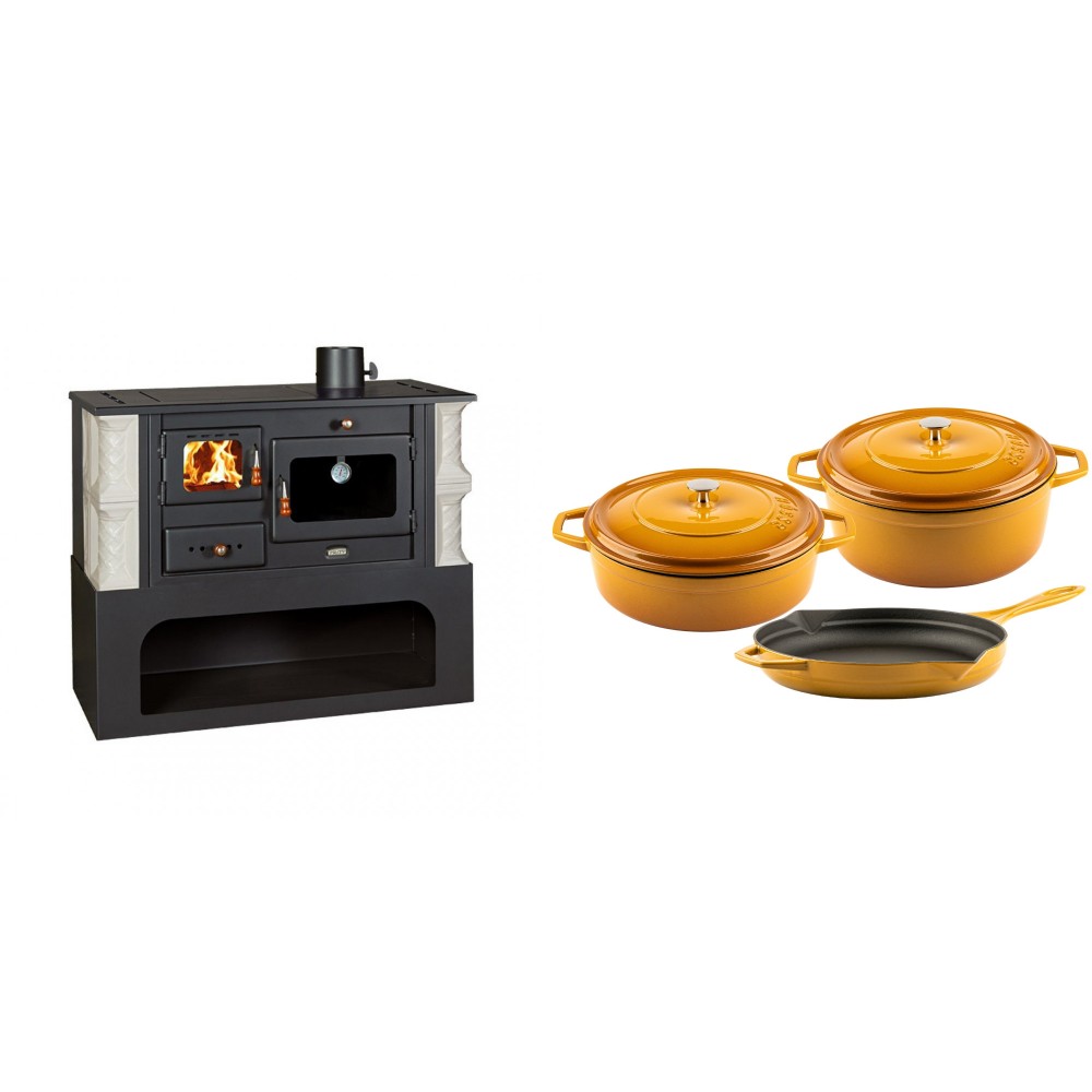 Set Küchenofen / Küchenhexe mit Backofen und Kochplatte Prity, Modell 1P34-K Alba Rechts, Keramikverkleidung, Leistung 10.1kW + Gusseisen Topf Set aus 3 teilen Solagio, Dijon