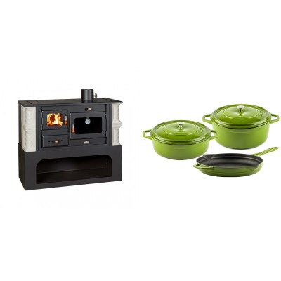 Set Küchenofen / Küchenhexe mit Backofen und Kochplatte Prity, Modell 1P34-K Alba Rechts, Keramikverkleidung, Leistung 10.1kW + Gusseisen Topf Set aus 3 teilen Solagio, Bamboo - Kaminofen - Holzofen mit Backfach