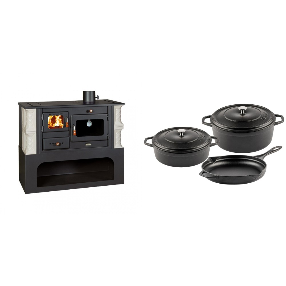 Set Küchenofen / Küchenhexe mit Backofen und Kochplatte Prity, Modell 1P34-K Alba Rechts, Keramikverkleidung, Leistung 10.1kW + Gusseisen Topf Set aus 3 teilen Solagio, Black Onyx | Kaminofen - Holzofen mit Backfach | Kaminofen |