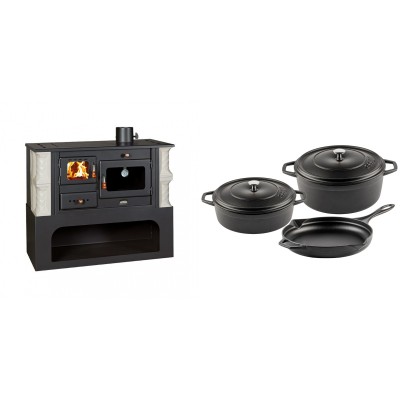 Set Küchenofen / Küchenhexe mit Backofen und Kochplatte Prity, Modell 1P34-K Alba Rechts, Keramikverkleidung, Leistung 10.1kW + Gusseisen Topf Set aus 3 teilen Solagio, Black Onyx - Kaminofen - Holzofen mit Backfach