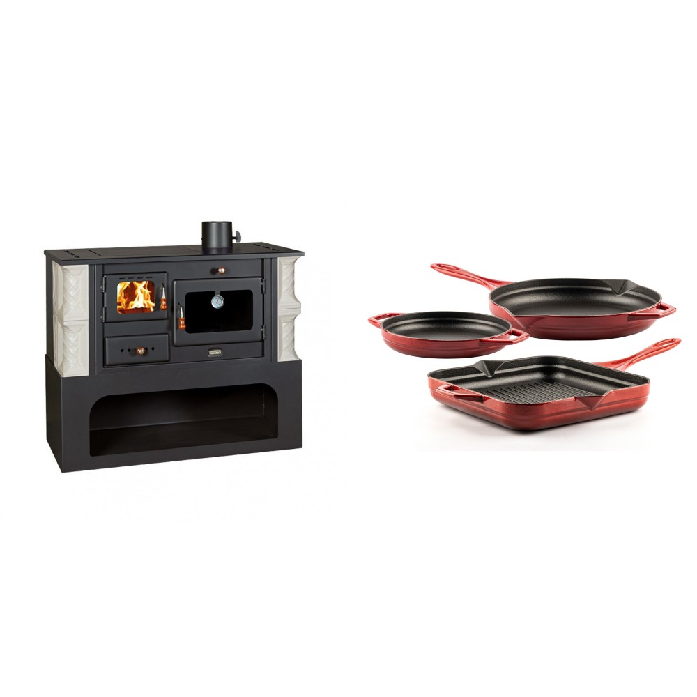 Set Küchenofen / Küchenhexe mit Backofen und Kochplatte Prity, Modell 1P34-K Alba Rechts, Keramikverkleidung, Leistung 10.1kW + Gusseisen Topf Set aus 3 teilen Solagio, Rubin | Kaminofen - Holzofen mit Backfach | Kaminofen |