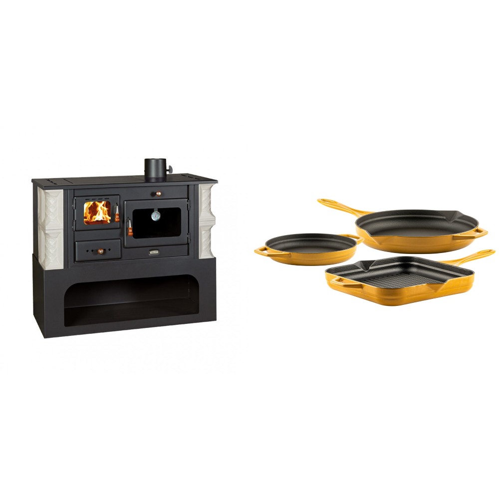 Set Küchenofen / Küchenhexe mit Backofen und Kochplatte Prity, Modell 1P34-K Alba Rechts, Keramikverkleidung, Leistung 10.1kW + Gusseisen Topf Set aus 3 teilen Solagio, Dijon
