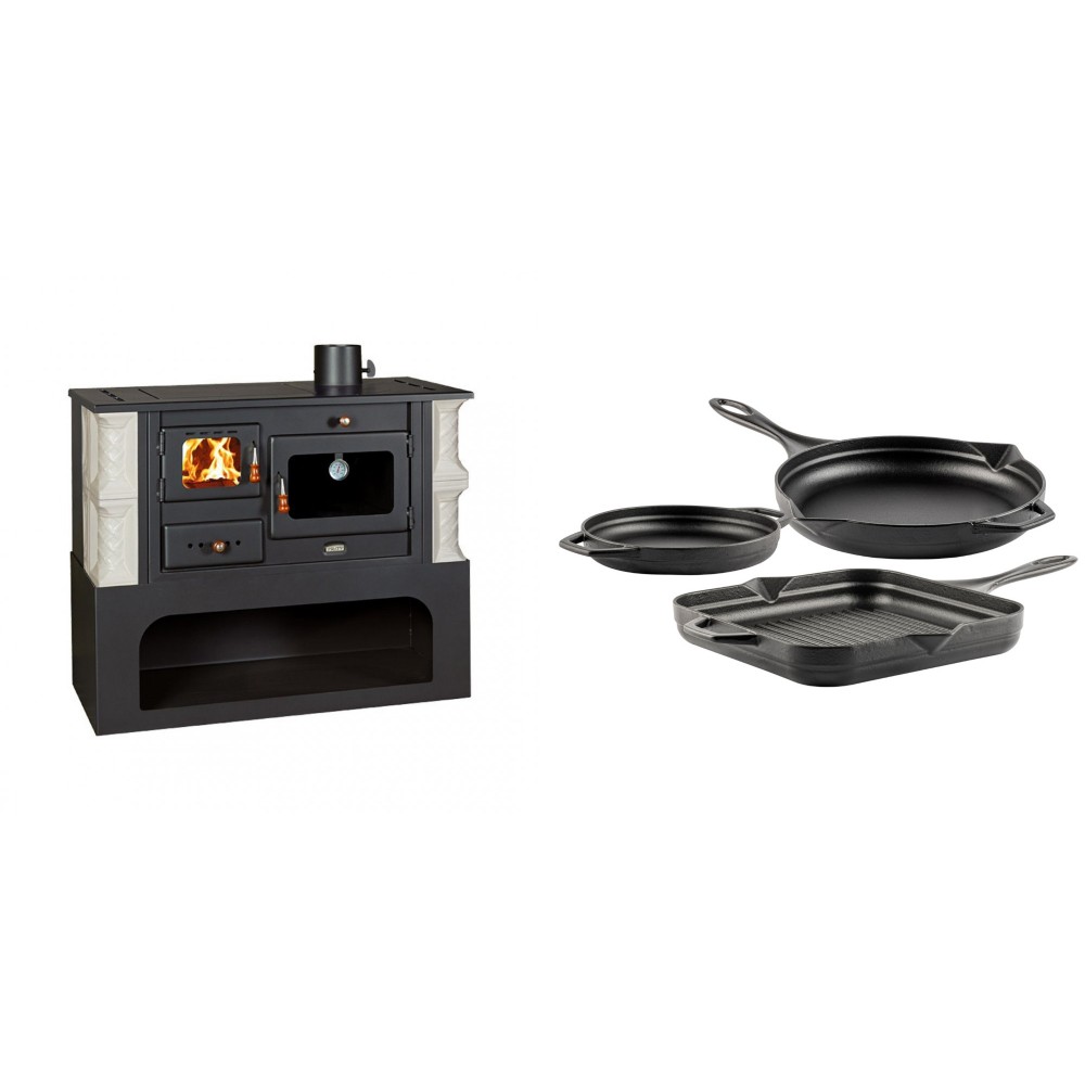 Set Küchenofen / Küchenhexe mit Backofen und Kochplatte Prity, Modell 1P34-K Alba Rechts, Keramikverkleidung, Leistung 10.1kW + Gusseisen Topf Set aus 3 teilen Solagio, Black Onyx