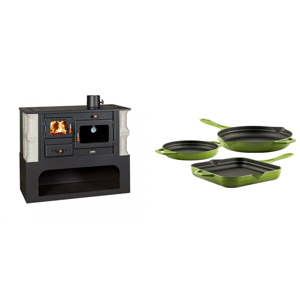 Set Küchenofen / Küchenhexe mit Backofen und Kochplatte Prity, Modell 1P34-K Alba Rechts, Keramikverkleidung, Leistung 10.1kW + Gusseisen Topf Set aus 3 teilen Solagio, Bamboo