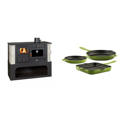 Set Küchenofen / Küchenhexe mit Backofen und Kochplatte Prity, Modell 1P34-K Alba Rechts, Keramikverkleidung, Leistung 10.1kW + Gusseisen Topf Set aus 3 teilen Solagio, Bamboo - Kaminofen - Holzofen mit Backfach