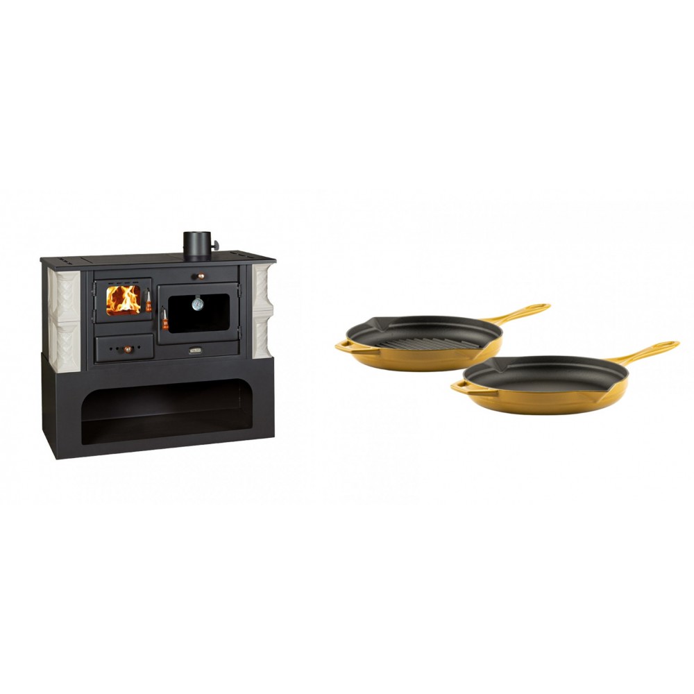 Set Küchenofen / Küchenhexe mit Backofen und Kochplatte Prity, Modell 1P34-K Alba Rechts, Keramikverkleidung, Leistung 10.1kW + Gusseisen Topf Set aus 2 teilen Solagio, Dijon
