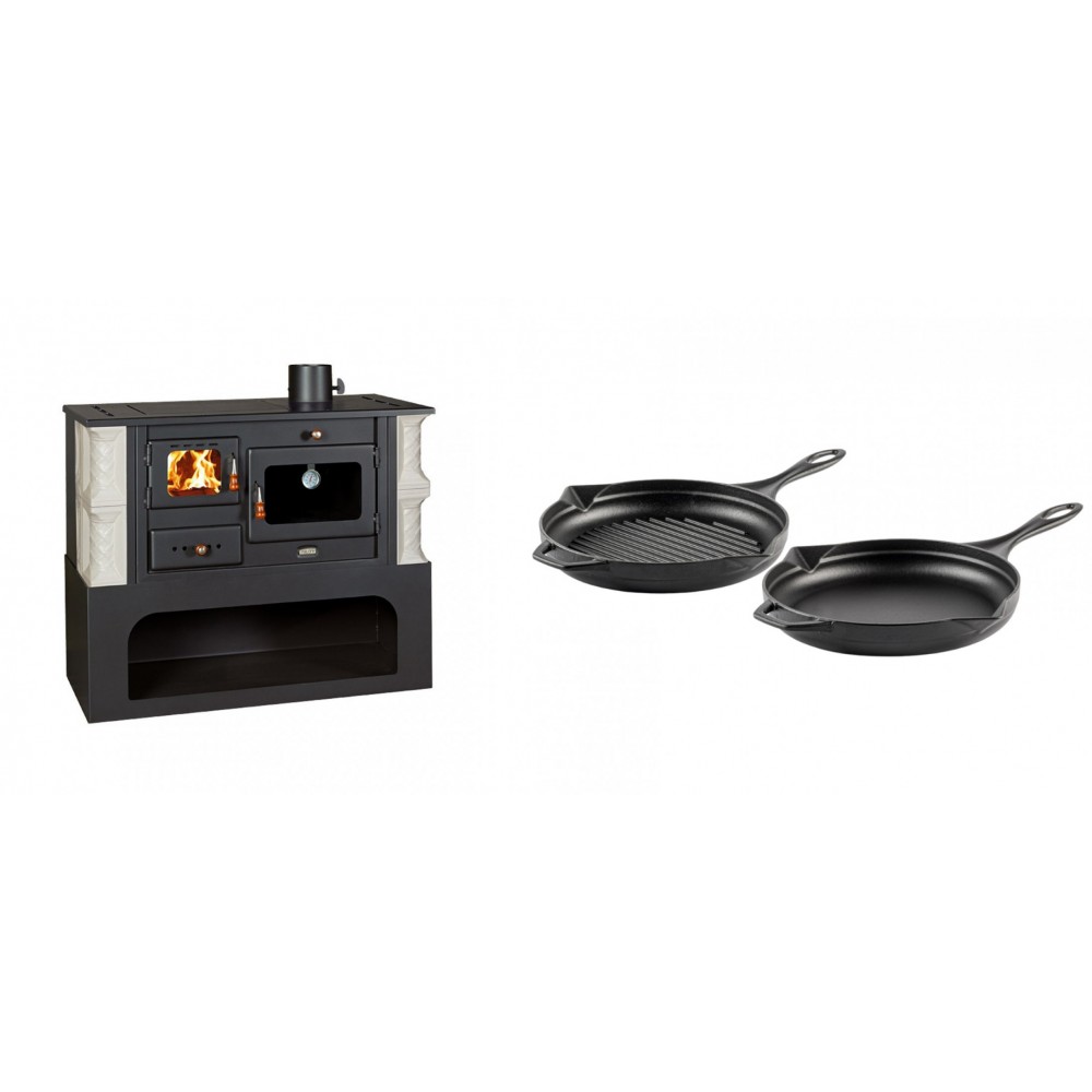 Set Küchenofen / Küchenhexe mit Backofen und Kochplatte Prity, Modell 1P34-K Alba Rechts, Keramikverkleidung, Leistung 10.1kW + Gusseisen Topf Set aus 2 teilen Solagio, Black Onyx | Kaminofen - Holzofen mit Backfach | Kaminofen |