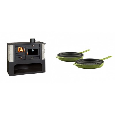 Set Küchenofen / Küchenhexe mit Backofen und Kochplatte Prity, Modell 1P34-K Alba Rechts, Keramikverkleidung, Leistung 10.1kW + Gusseisen Topf Set aus 2 teilen Solagio, Bamboo - Kaminofen - Holzofen mit Backfach