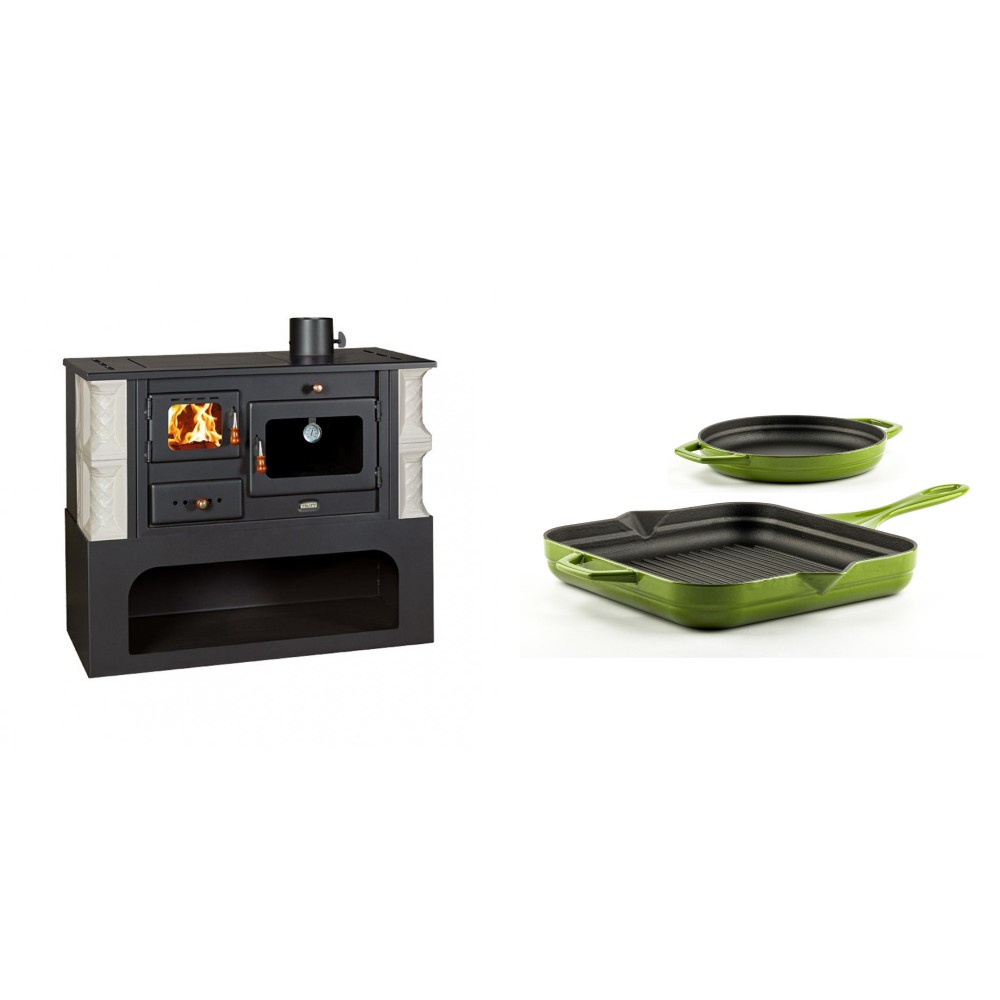 Set Küchenofen / Küchenhexe mit Backofen und Kochplatte Prity, Modell 1P34-K Alba Rechts, Keramikverkleidung, Leistung 10.1kW + Gusseisen Topf Set aus 2 teilen Solagio, Bamboo | Kaminofen - Holzofen mit Backfach | Kaminofen |