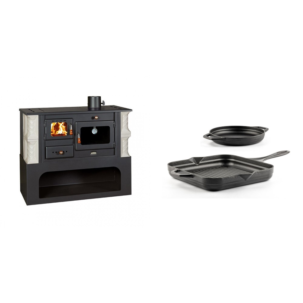 Set Küchenofen / Küchenhexe mit Backofen und Kochplatte Prity, Modell 1P34-K Alba Rechts, Keramikverkleidung, Leistung 10.1kW + Gusseisen Topf Set aus 2 teilen Solagio, Black Onyx