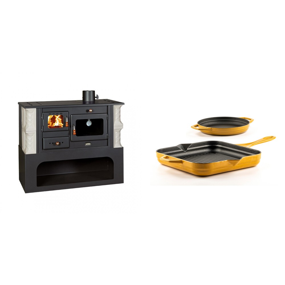 Set Küchenofen / Küchenhexe mit Backofen und Kochplatte Prity, Modell 1P34-K Alba Rechts, Keramikverkleidung, Leistung 10.1kW + Gusseisen Topf Set aus 2 teilen Solagio, Dijon | Kaminofen - Holzofen mit Backfach | Kaminofen |