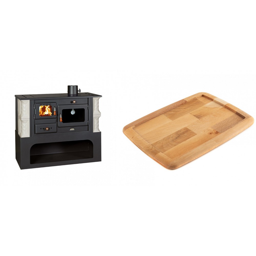Set Küchenofen / Küchenhexe mit Backofen und Kochplatte Prity, Modell 1P34-K Alba Rechts, Keramikverkleidung, Leistung 10.1kW + Holz untersetzer für gusseisenplatte Solagio HSST2131 | Kaminofen - Holzofen mit Backfach | Kaminofen |